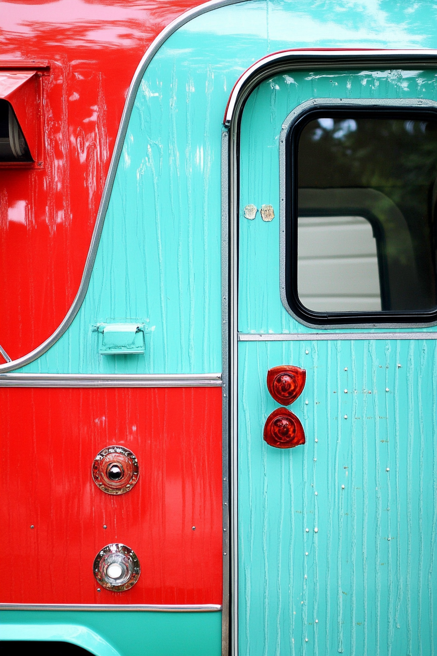 Camper makeover. Peeling turquoise paint revamped to glossy candy red finish.