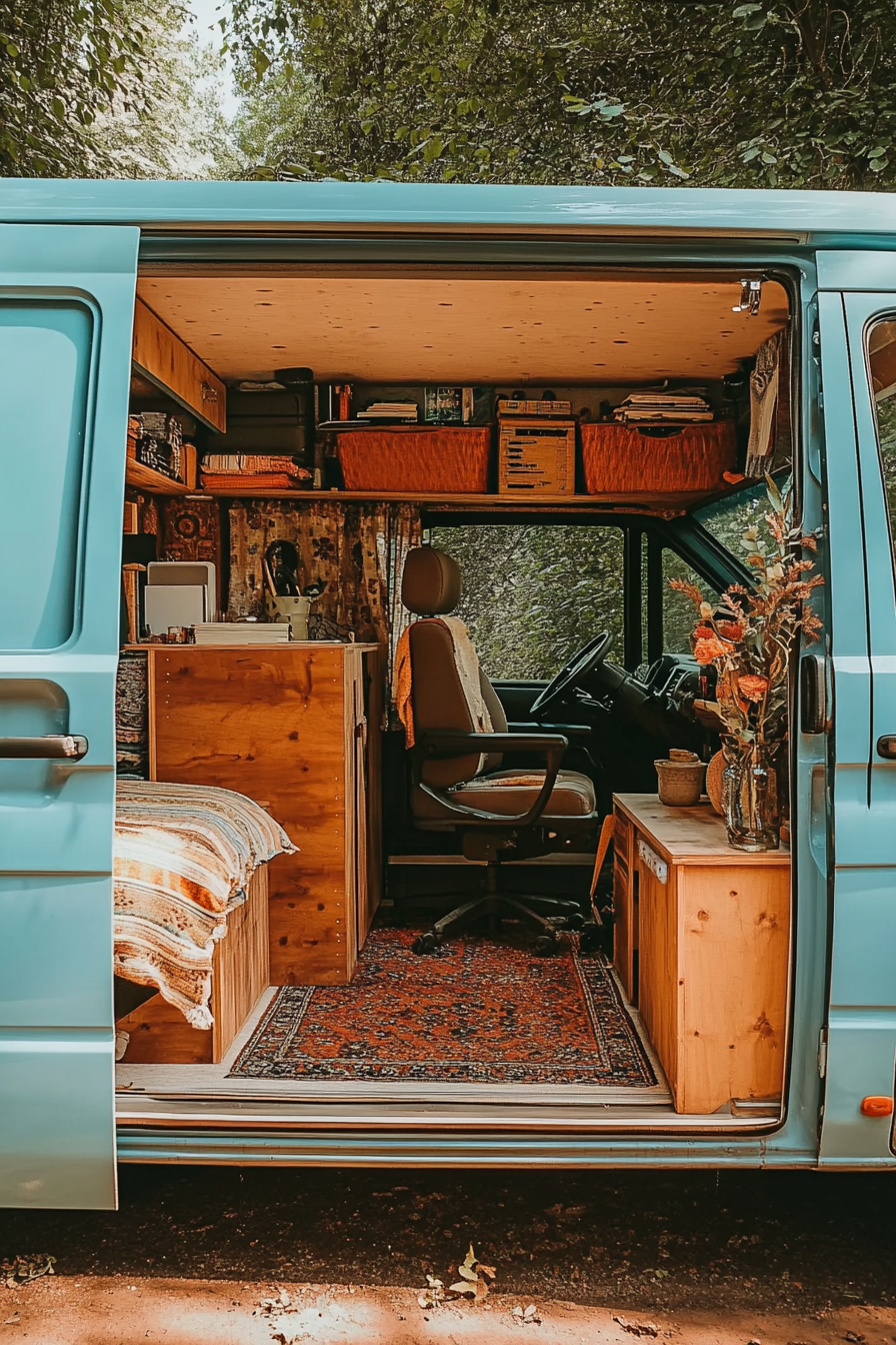 Hippie camper van. Sky blue exterior with terracotta accented bohemian office setup inside.