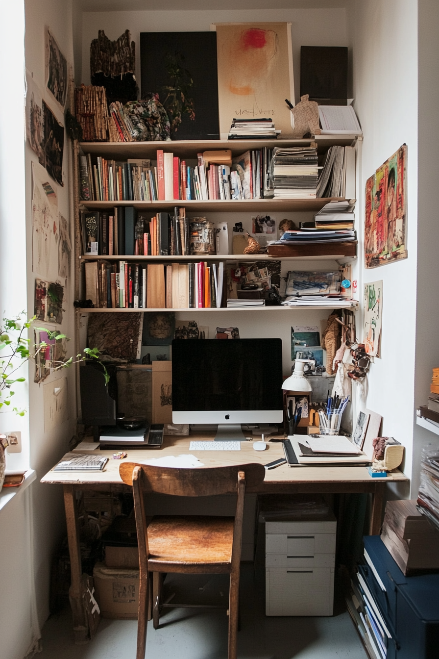 Home Office Inspiration. Compact workdesk with vertical open shelving.