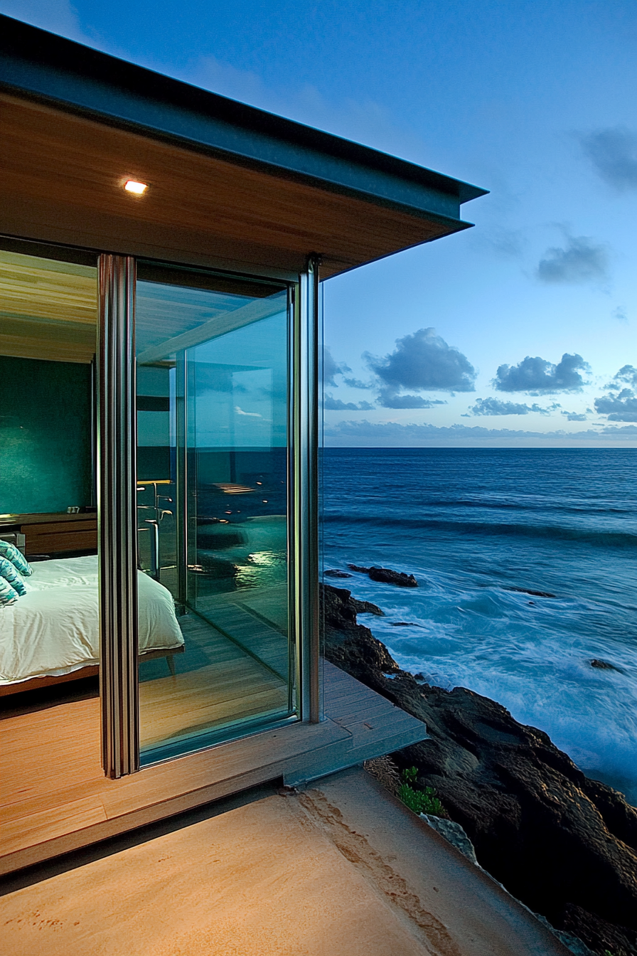 Compact beach house. Glass walls overlooking the turquoise ocean.