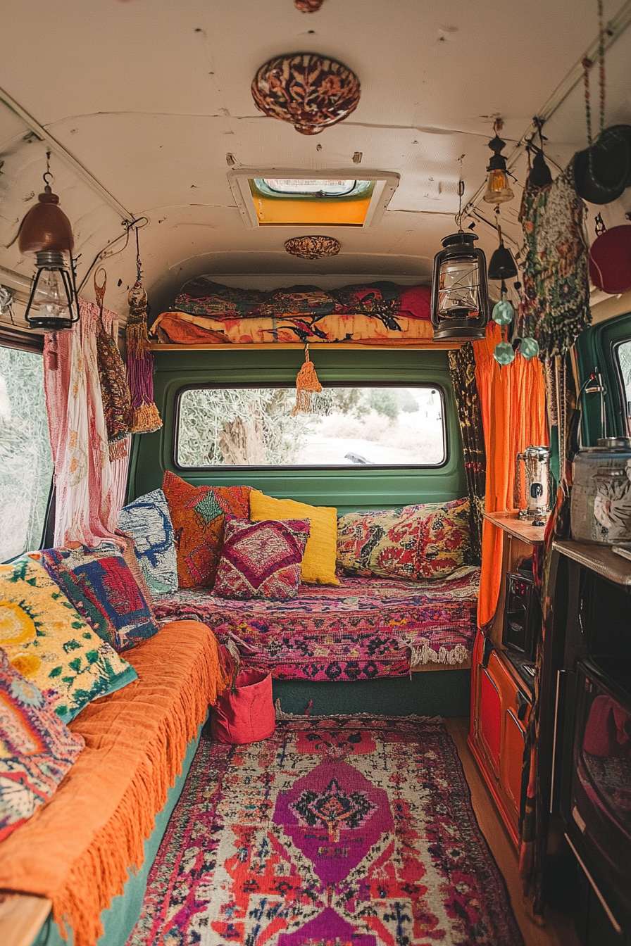 Camper interior. Colorful rugs, lanterns, and eclectic mismatched cushions.