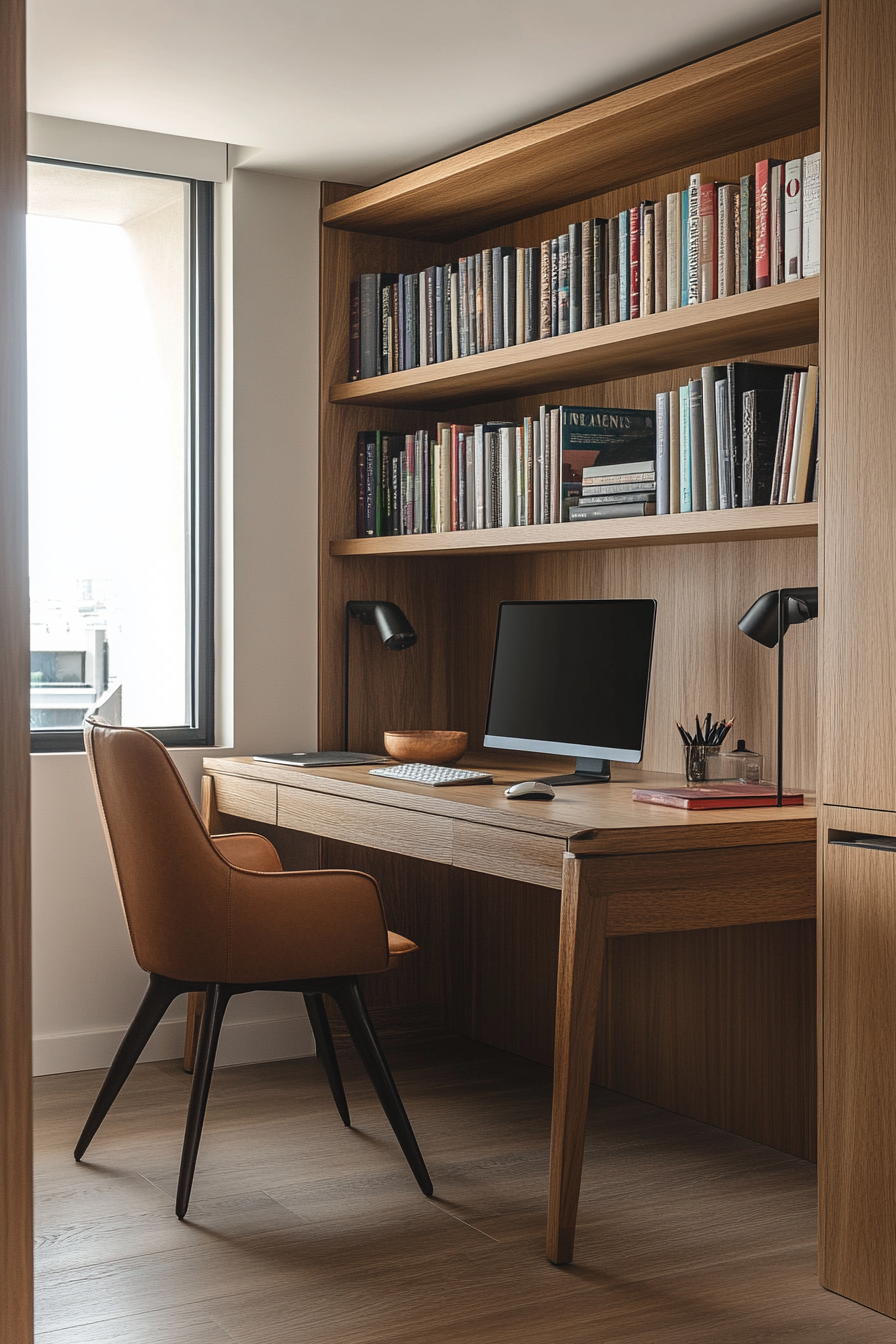 Home Office. Compact oak desk with ergonomic chair and minimalistic bookshelf.