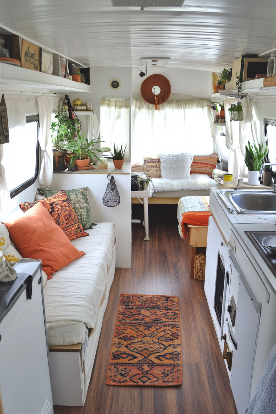 Before-and-after scene. Retro styled camper revamped into cozy living space.