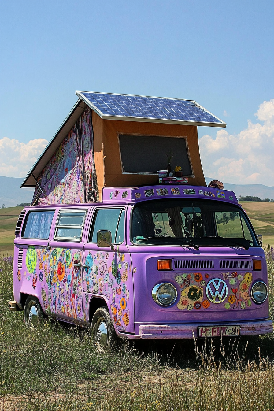 Hippie Camper Van. Lavender VW Bus with rooftop solar panel desk.