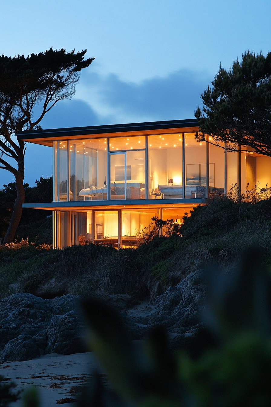 Compact beach house. Modern, glass exteriors with evening lit seashores.