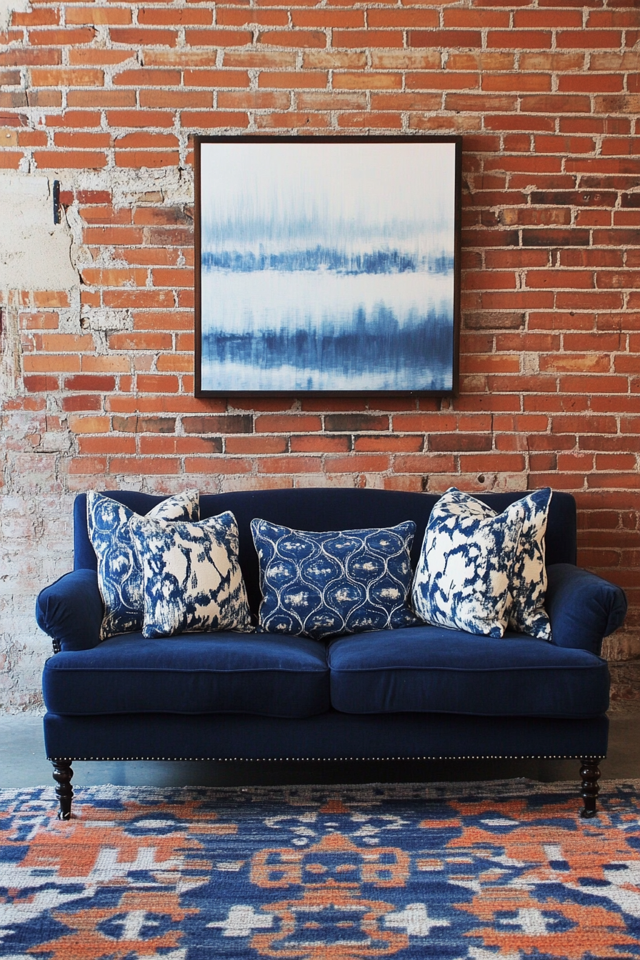 Living Room Inspiration. Distressed navy blue loveseat offset against a bright brick wall.