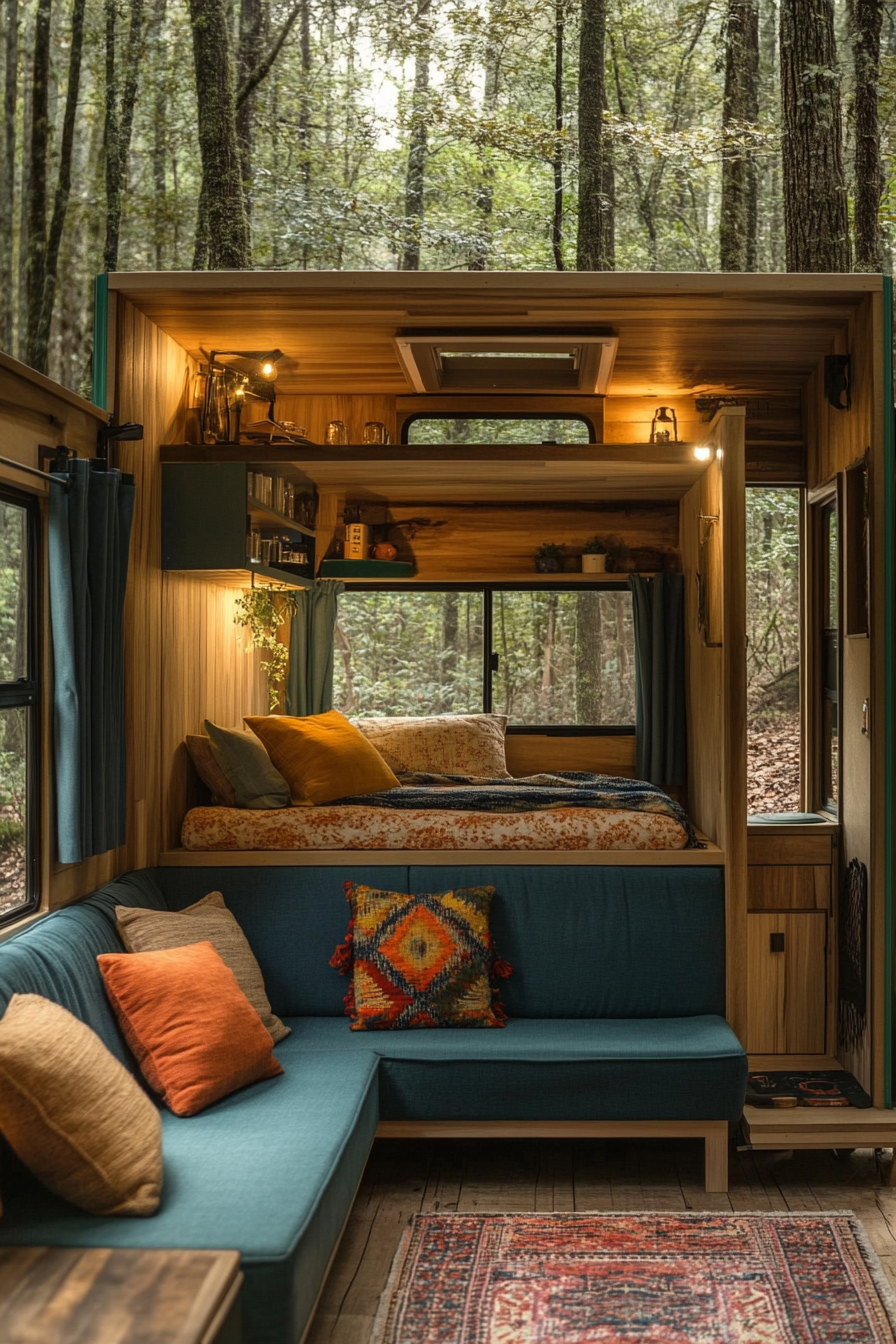 Split image. Half brightly furnished tiny house interior, half serene forest camper view.