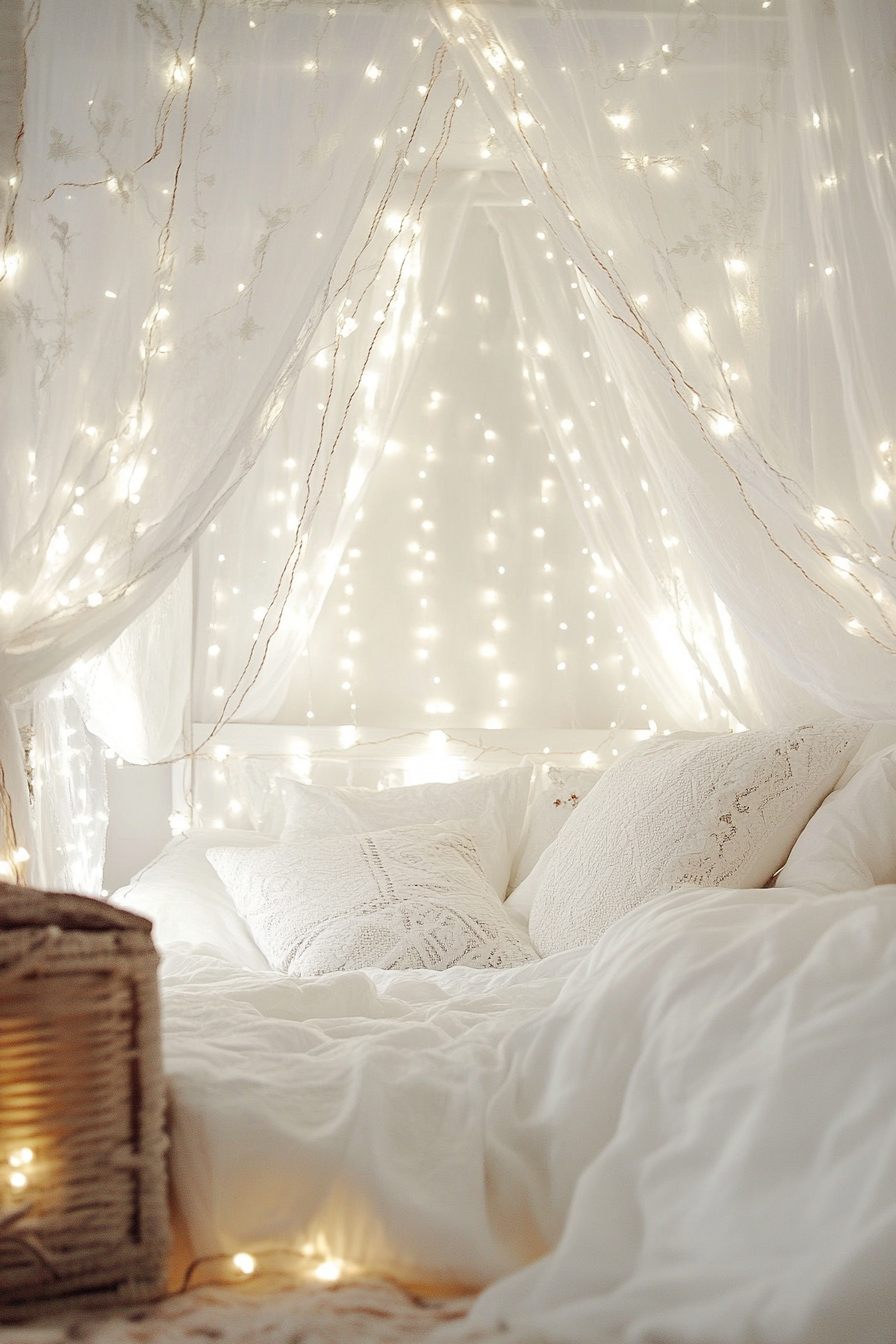 Boho whimsical bedroom. White canopy bed entwined with warm fairy lights.