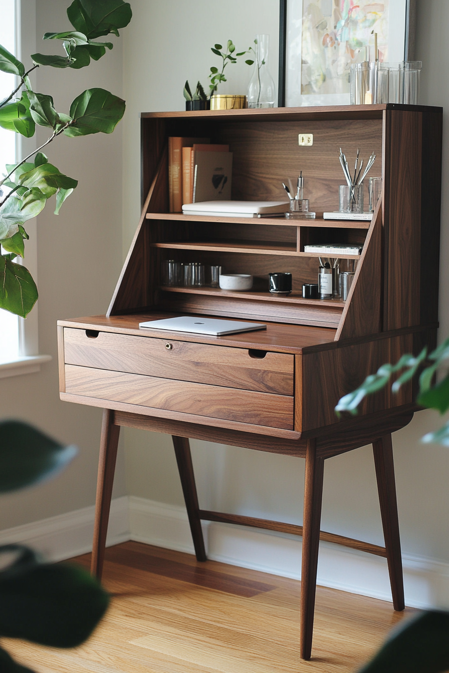 Home office inspiration. Compact Walnut secretary desk with adjustable shelf.