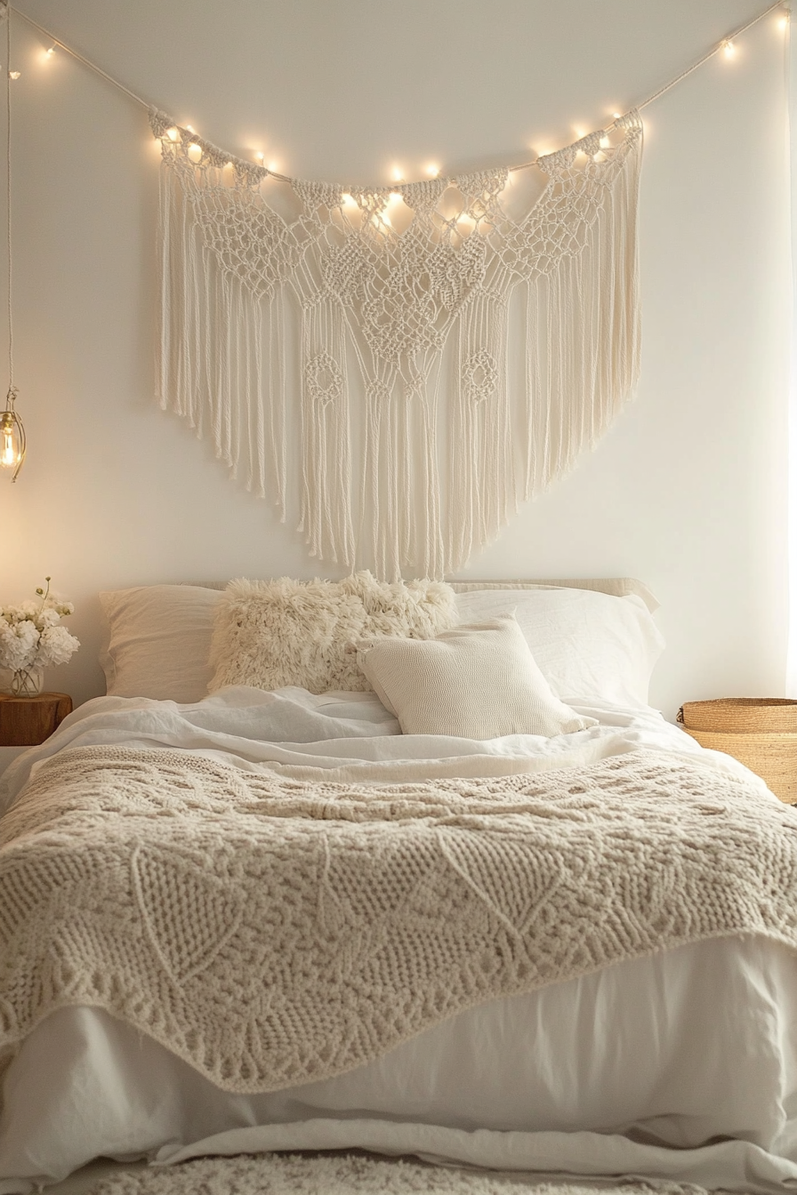 Boho whimsical bedroom. Cream macrame wall hanging with fairy lights.