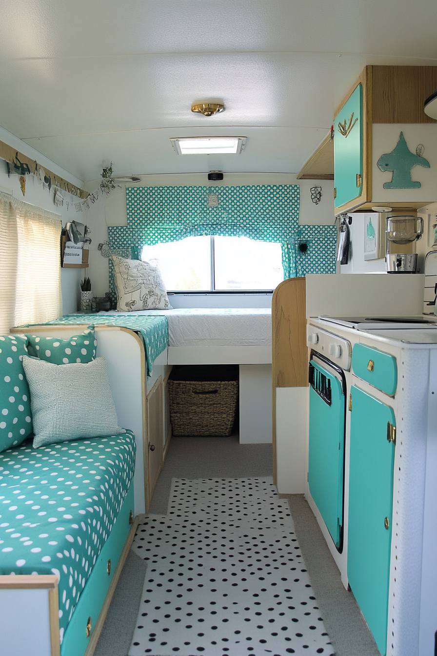 Before-and-after scene. Camper makeover with turquoise and white polka dot design.