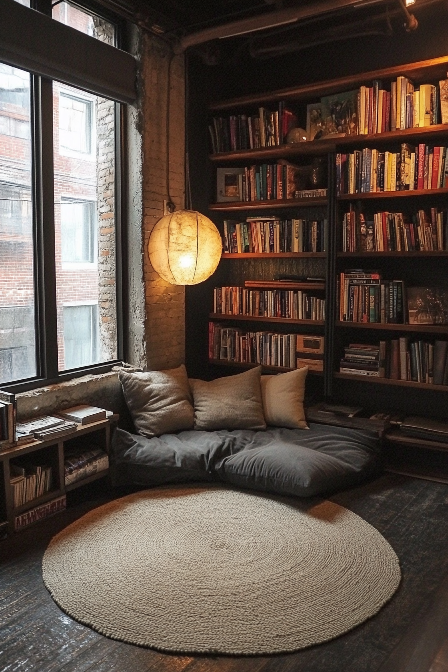 Urban tiny living room. Oval rug, floor cushions, open storage unit.