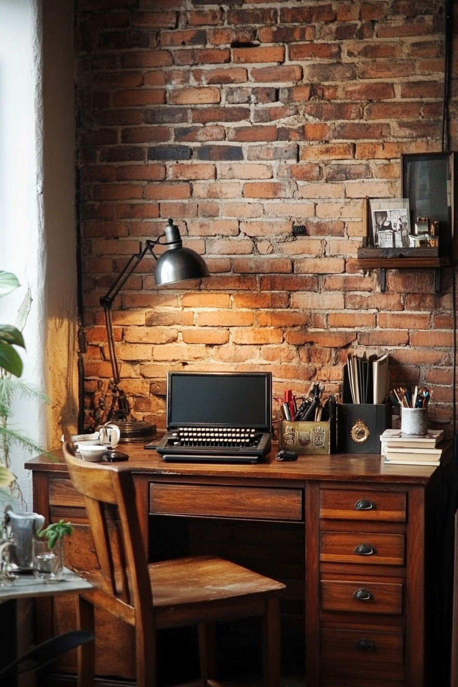 Home Office Inspiration. Compact mahogany desk against vintage brick wall.