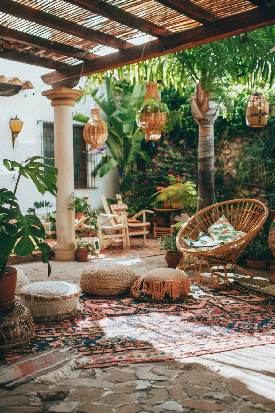 Chic Boho Patio. Tropical plants, tassel rug, and rattan lanterns.