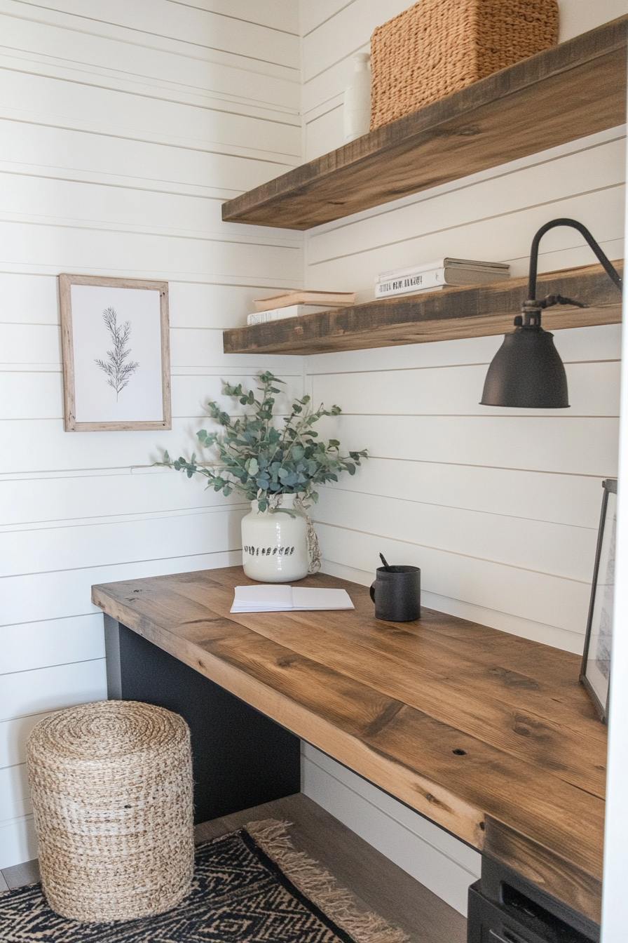 Modern Farmhouse Remote Work Setup. Distressed wood desk near a shiplap wall.