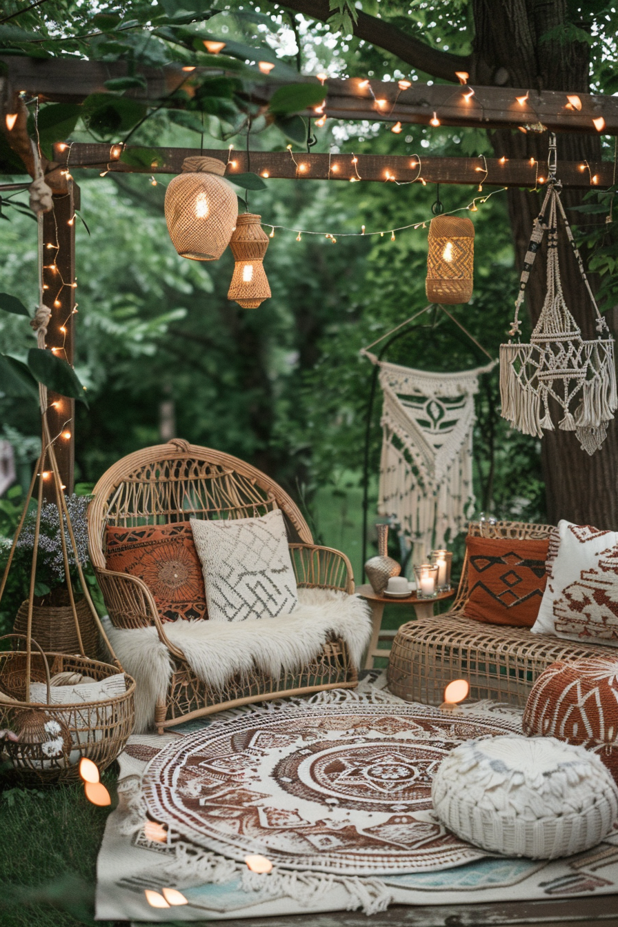 Chic Boho Patio. Rattan furniture with tribal printed cushions, hanging macramé decorations and fairy lights.