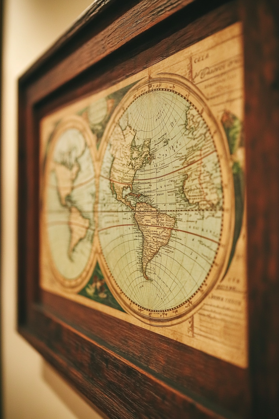 DIY wall decor. Vintage maps framed in dark wood.