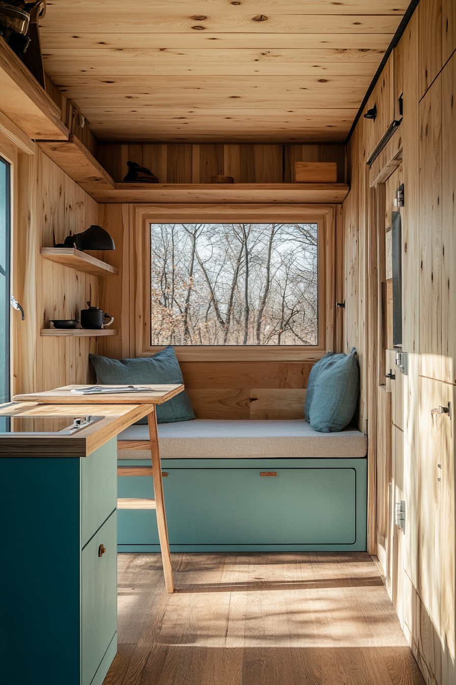 Tiny House Camper. An inside view revealing minimalist wooden furnishings, cut alongside its teal-colored exterior.