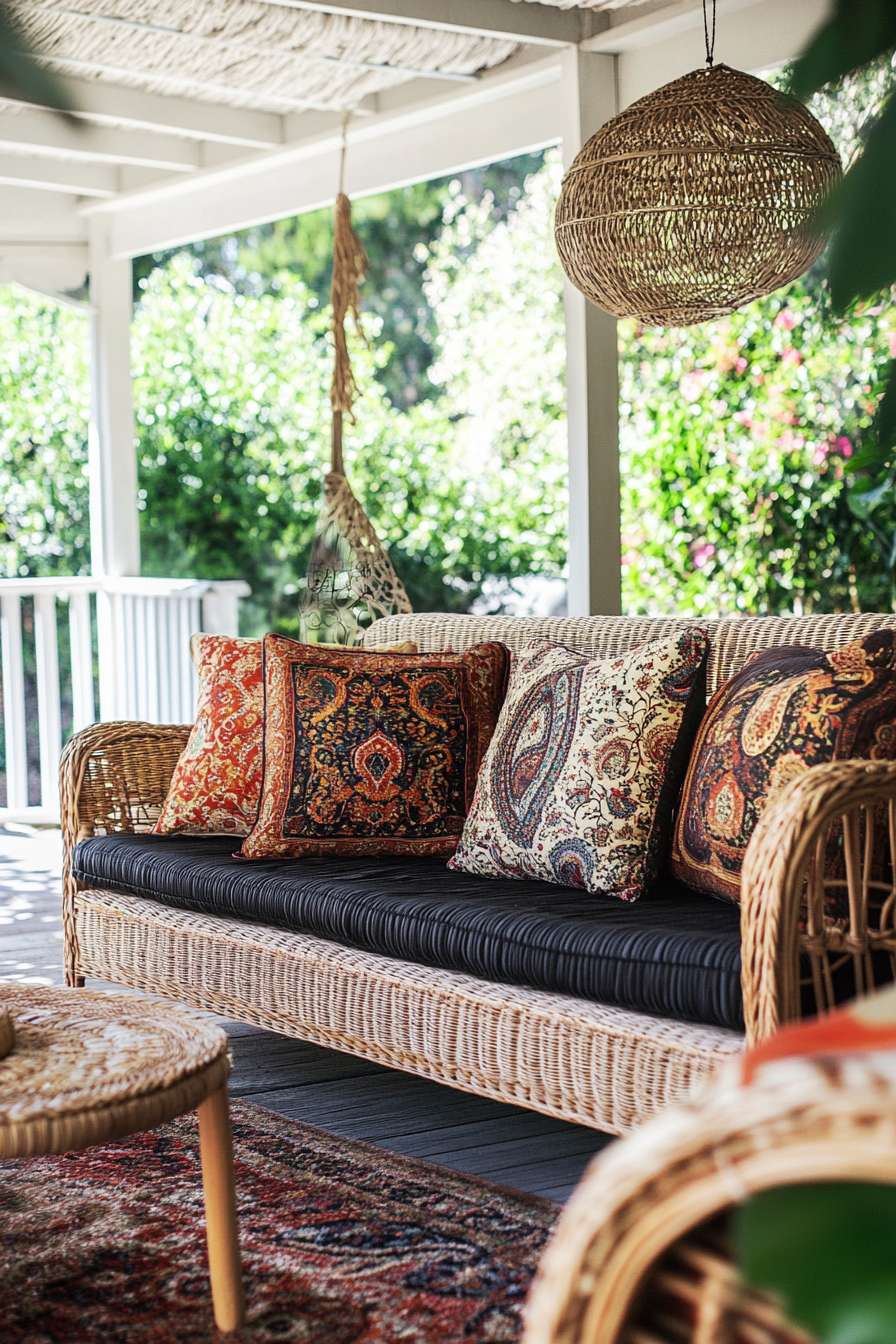 Living room inspiration. Paisley pattern cushions on bohemian rattan furniture.