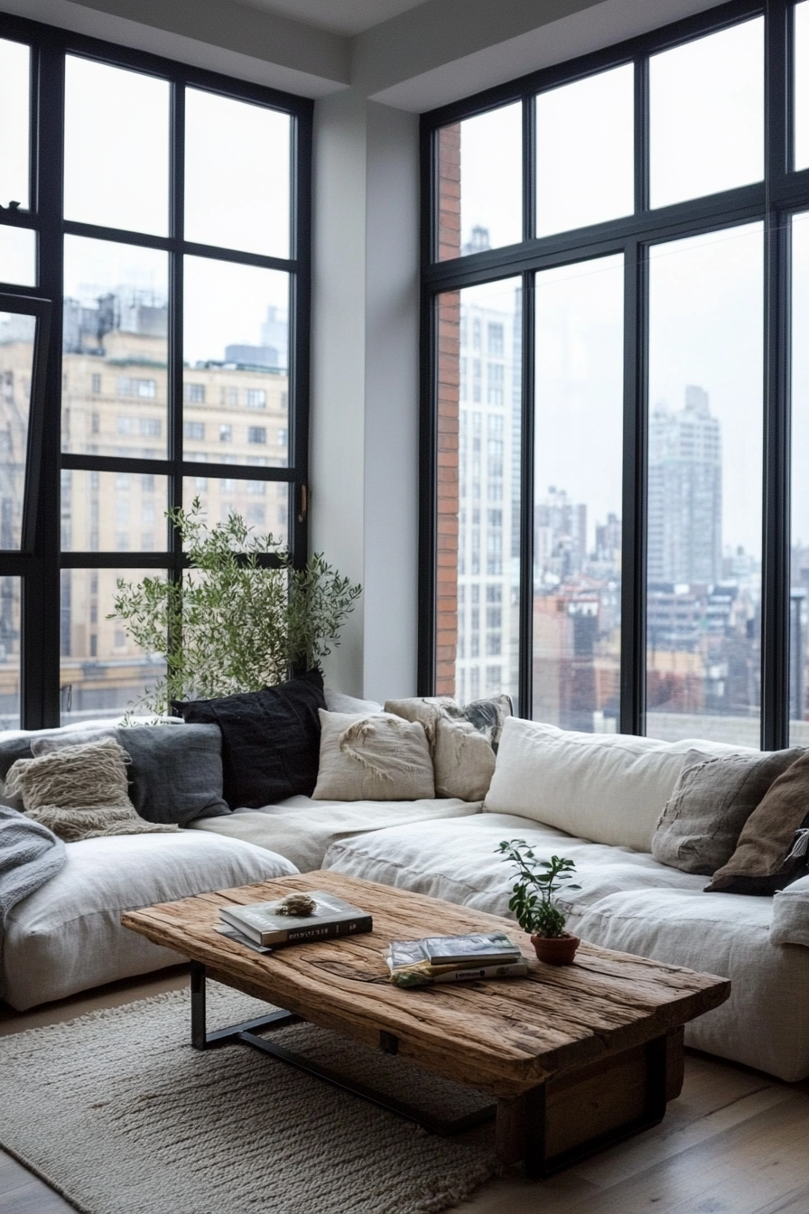 Urban tiny living room. Scandinavian design, monochromatic palette, large window overlooking a bustling cityscape.