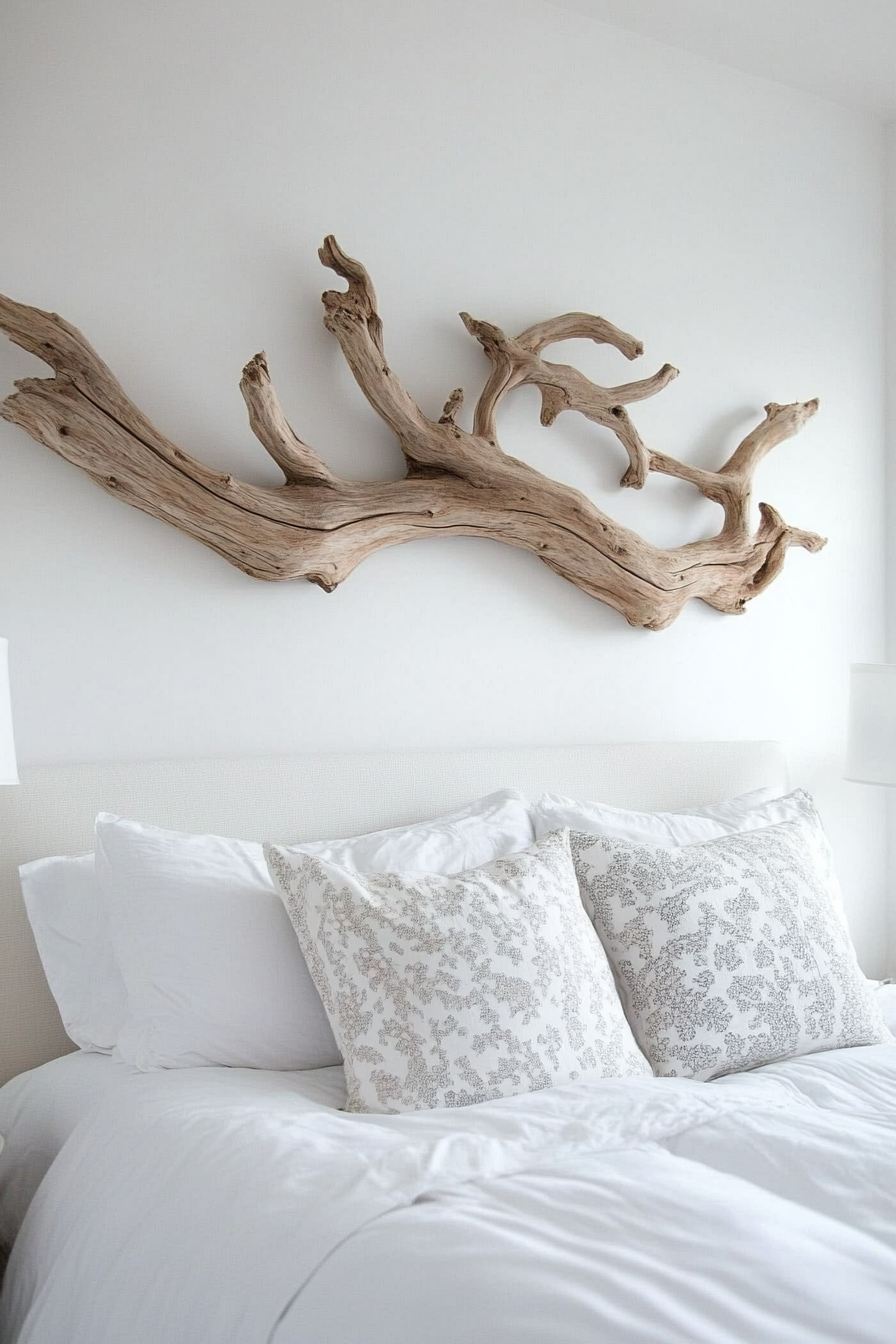 Coastal bedroom. Painted driftwood art over a matte white wall.