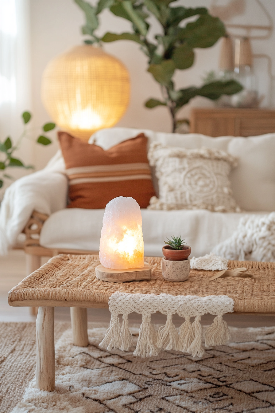 Boho living room. Rattan coffee table with Himalayan salt lamp.