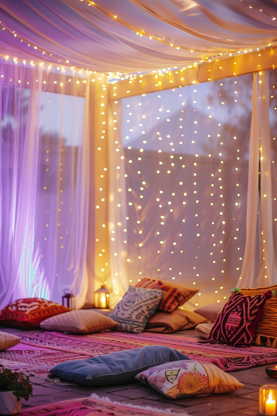 Chic Boho patio. String lights draping over colorful, fluffy cushions on floor.