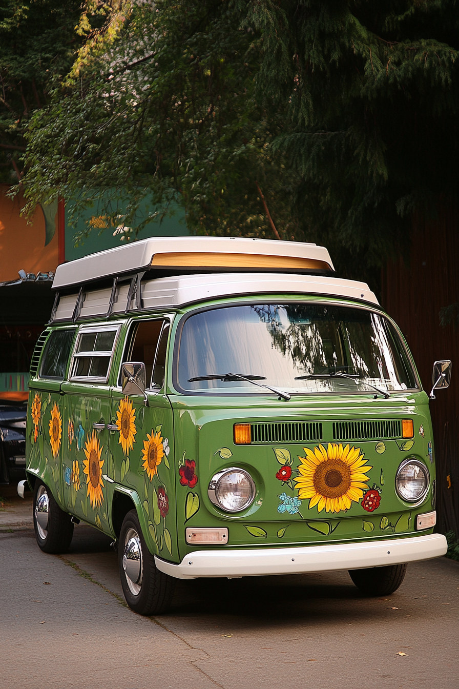 Camper van. Green Volkswagen wth sunflower decals and retractable office desk.