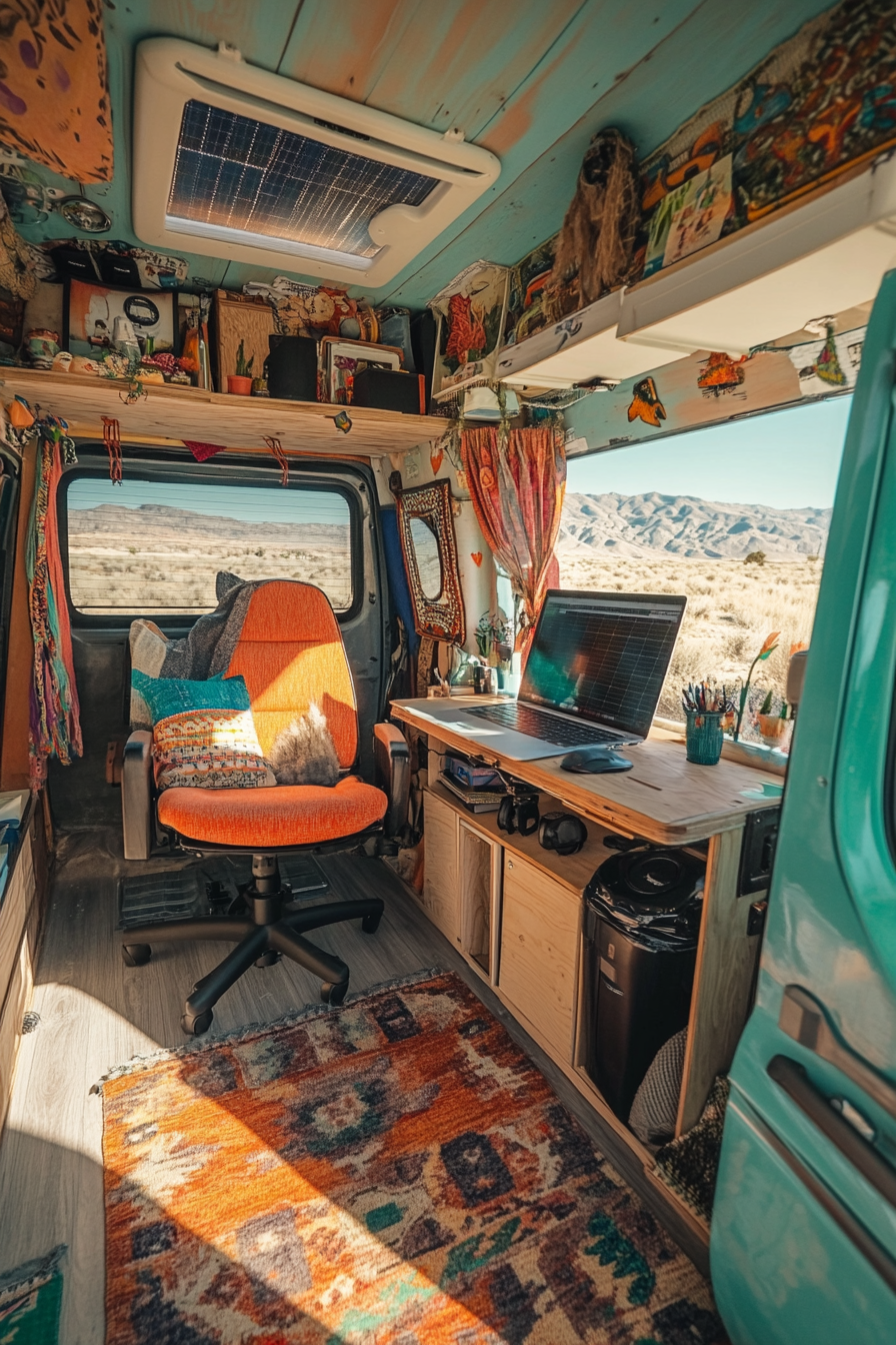 Hippie camper van. Pastel paint, rooftop solar panels, interior workspace with ergonomic chair.