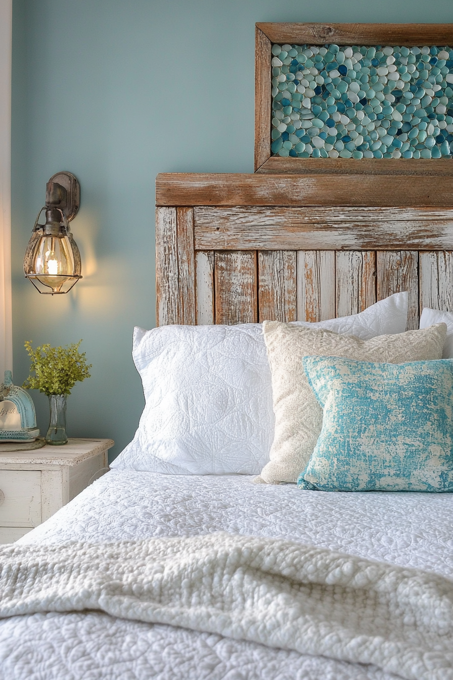 Coastal bedroom DIY decor. Weathered wooden headboard and sea glass mosaic mirror.