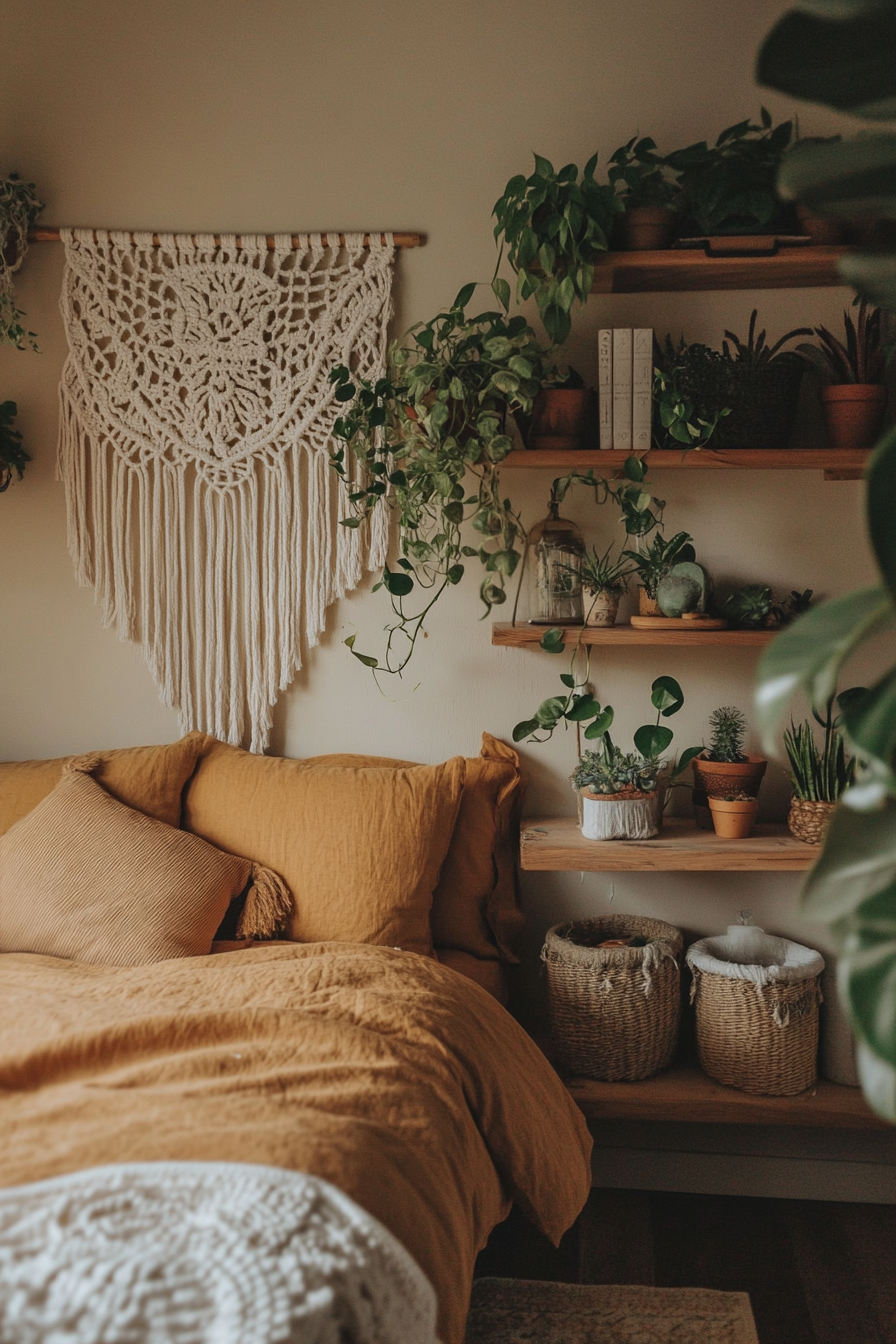 Earthy Boho bedroom. Sienna walls, macrame tapestry, plants cascading from wooden shelves.