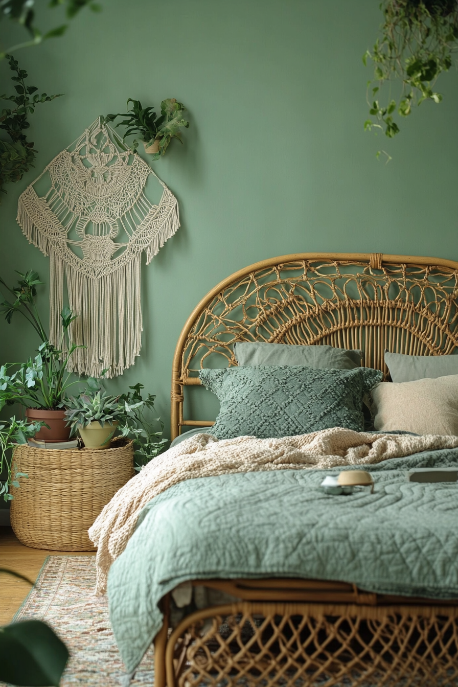 Earthy Boho bedroom. Rattan bedframe, sage green walls, assorted succulents, macrame wall hangings.