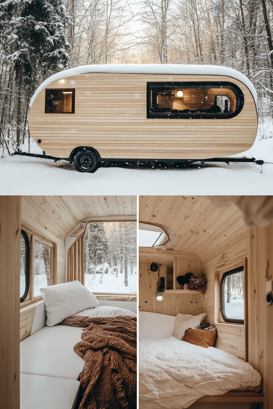 Tiny House Camper. Split image of light timber interior and snowy exterior.