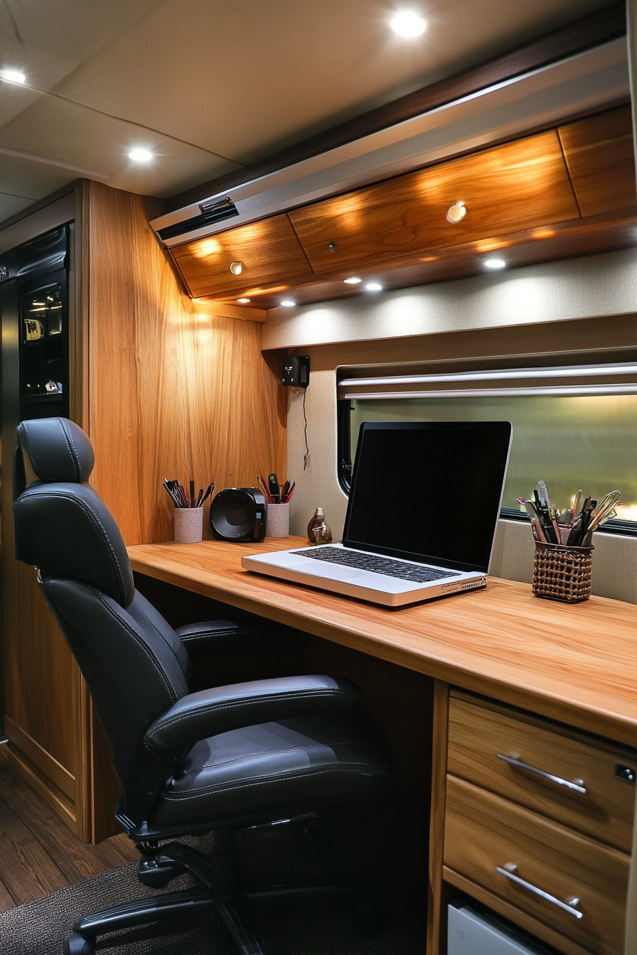 Mobile office inside RV. Sleek workstation with minimalistic wooden desk and executive chair.