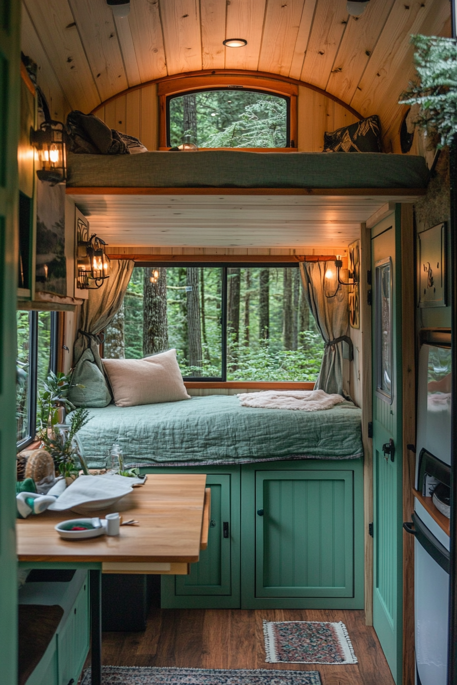 Splitted image. Mint green Tiny House Camper interior, forest exterior.