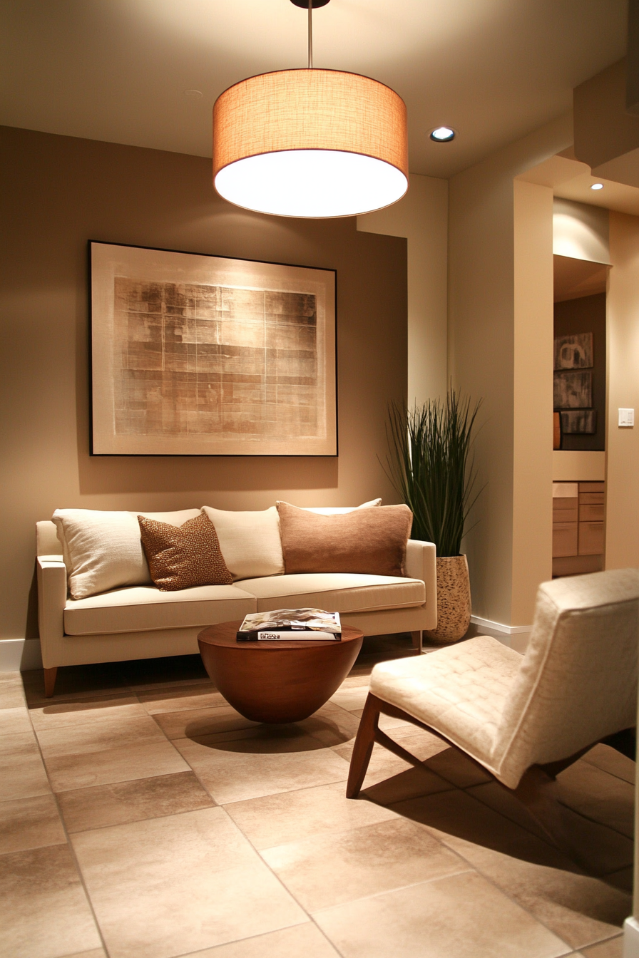 Urban tiny living room. Softly lit, contemporary decor, tile floor, ivory marsala drum shade pendant.