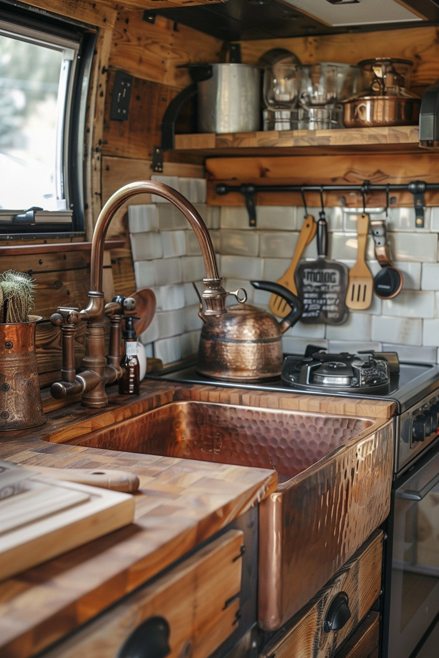 Camper van kitchen. Wooden cabinets, polished copper sink, small gas stove.