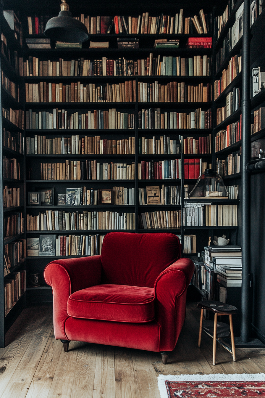 Urban tiny living room. Wall-to-wall bookshelves with red velvet armchair.