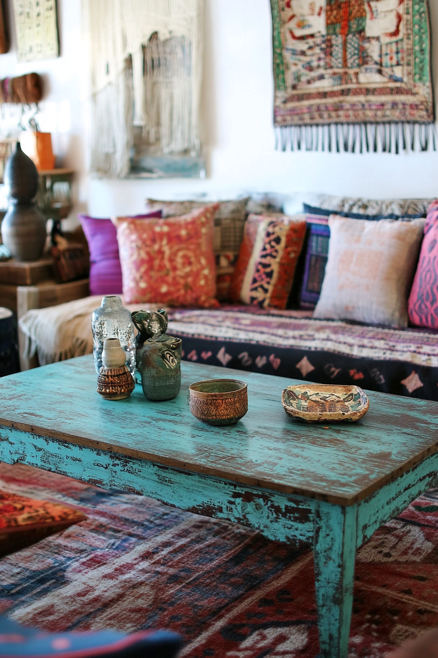 Boho living room. Turquoise distressed coffee table with Indian floor cushions.