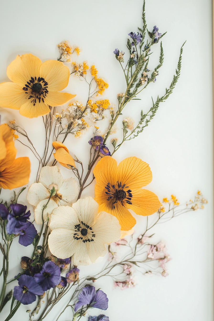 DIY wall decor. Framed pressed flowers arrangement.