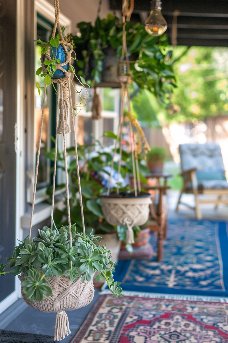 Chic boho patio. Hanging macrame planters with peacock blue outdoor rug.