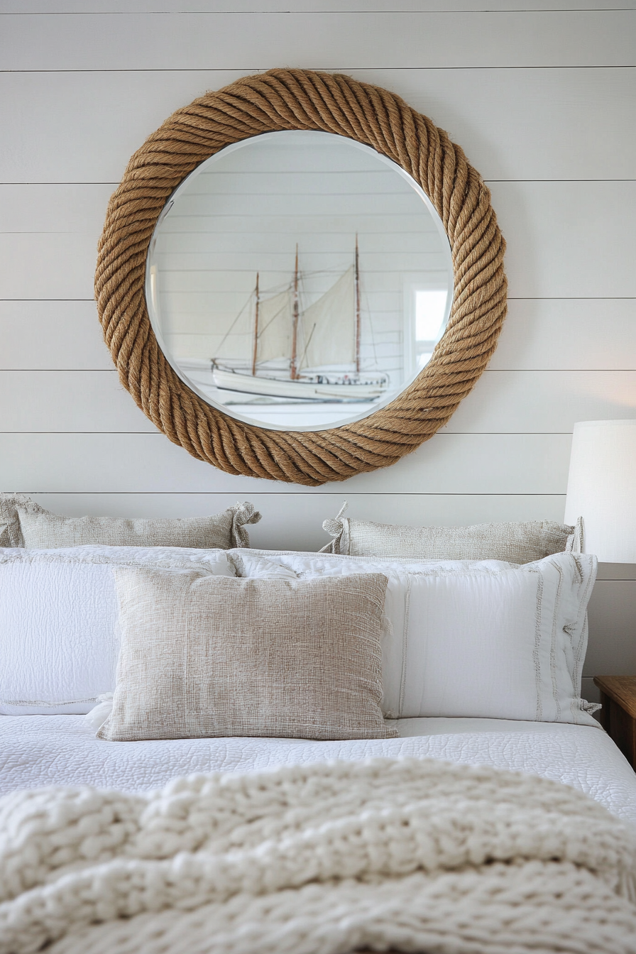 Coastal bedroom. Nautical rope mirror on a whitewashed shiplap wall.