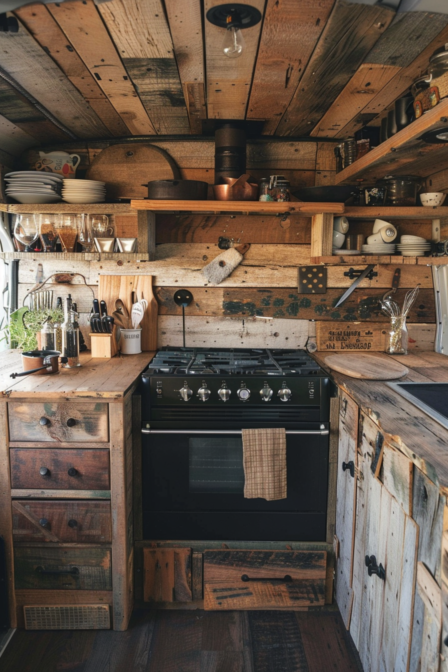 Rustic camper van kitchen. Reclaimed wood cabinetry with a cast-iron oven-stove.