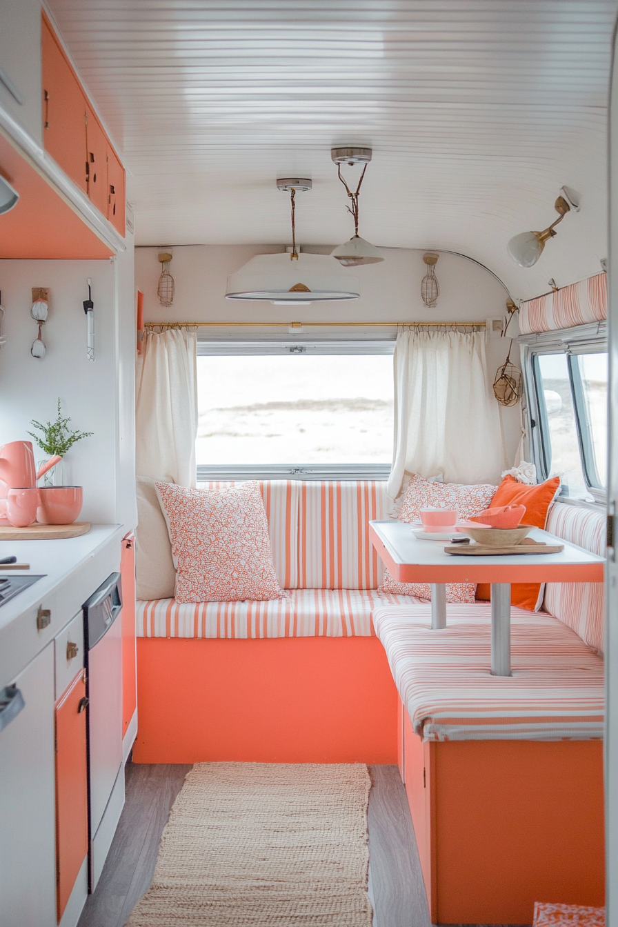 Before and after: Vintage camper, coral coat with white window-frame stripes, transfigured to modern tiny home.