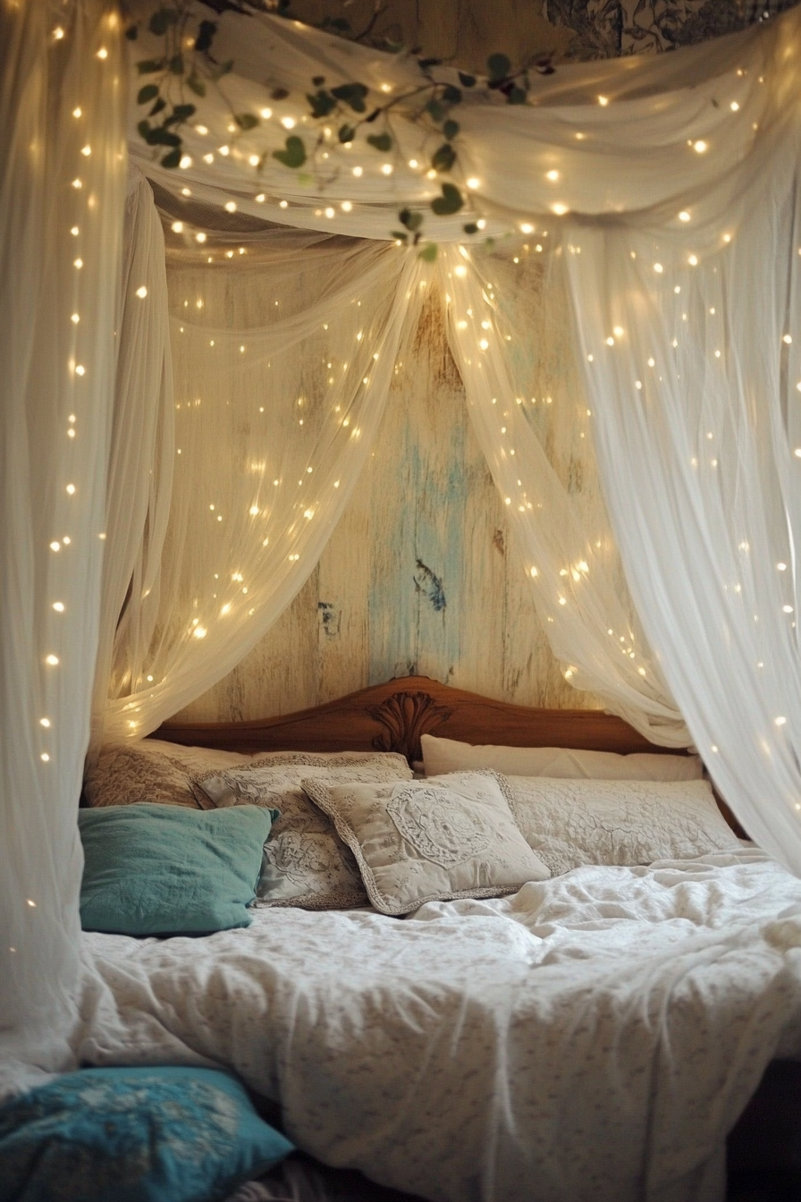 Boho whimsical bedroom. Canopy bed with cascading fairy lights.