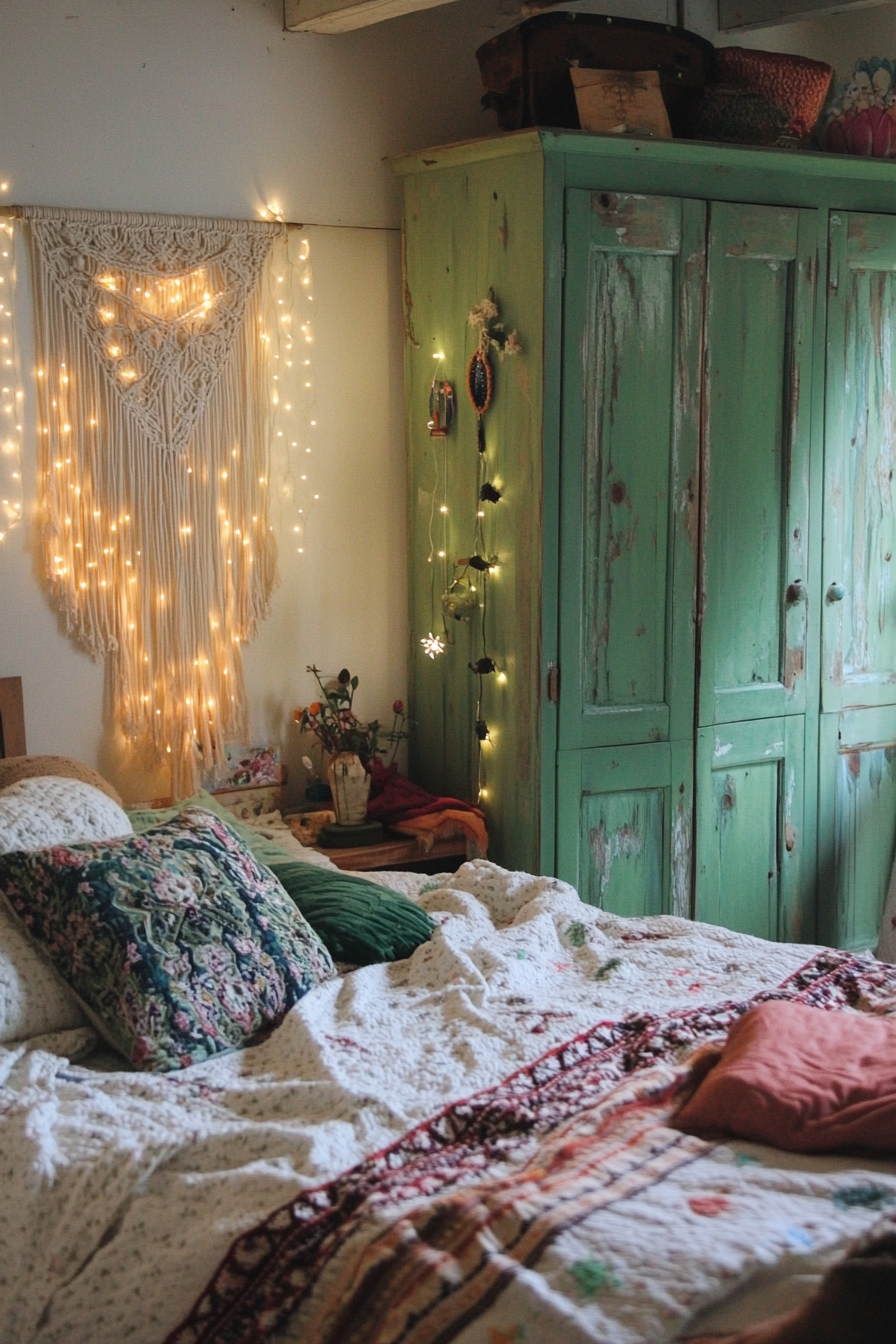 Boho whimsical bedroom. Macrame wall hanging, fairy light canopy, distressed green wardrobe.