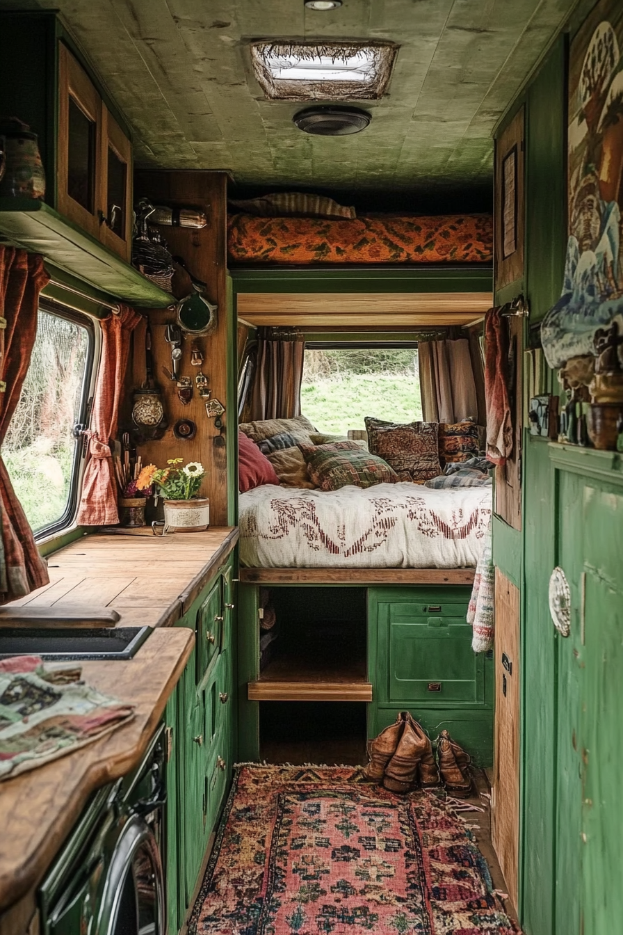 Hippie camper van. Green exterior, elevator bed, built-in wooden desk.