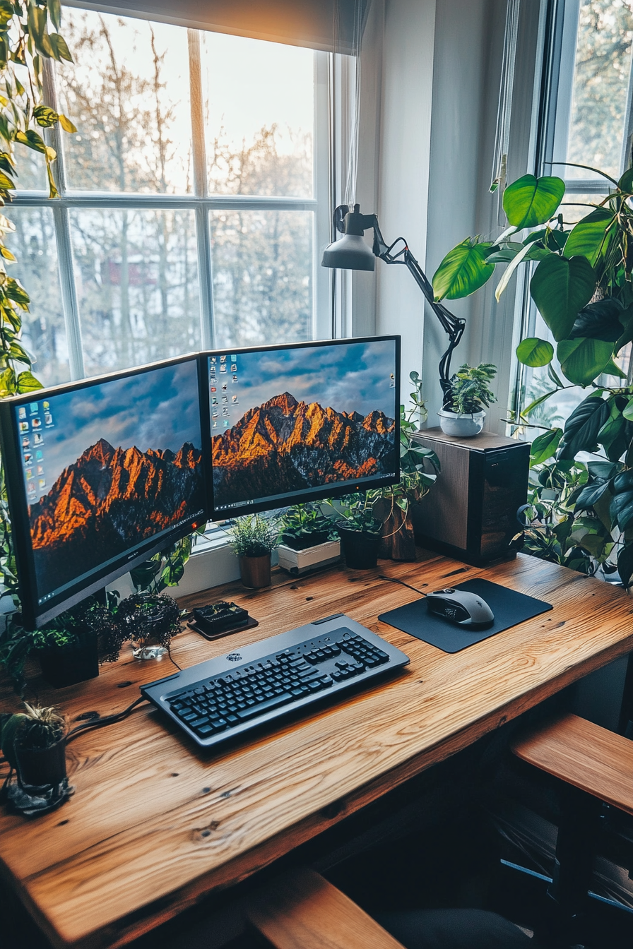 Remote work setup. Traditional wooden desk with dual monitors and greenery.