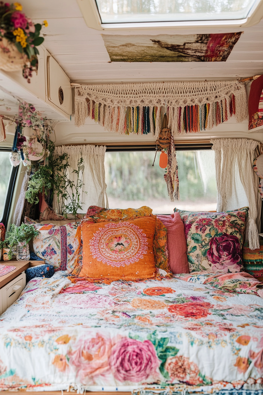 Camper interior. Floral patterns, colorful fabrics with hanging macrame decor.