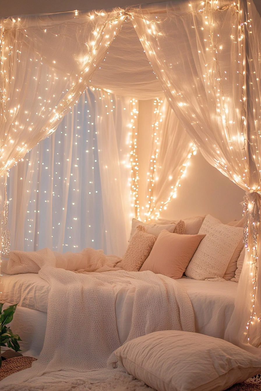 Boho whimsical bedroom. Ivory canopy bed with cascading pastel fairy lights.